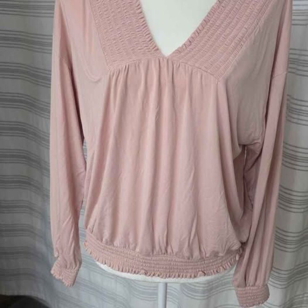 Express Smocked V-Neck Long Sleeve Top